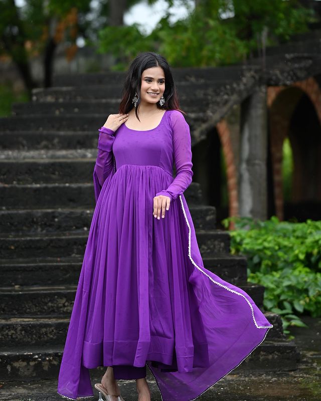 Purple Faux Georgette Plain Gown With Dupatta