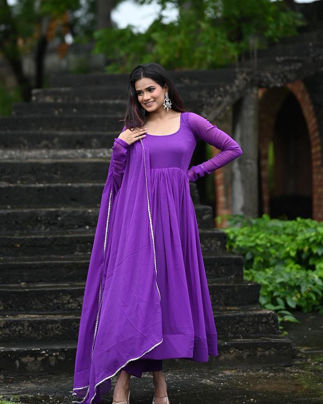Purple Faux Georgette Plain Gown With Dupatta