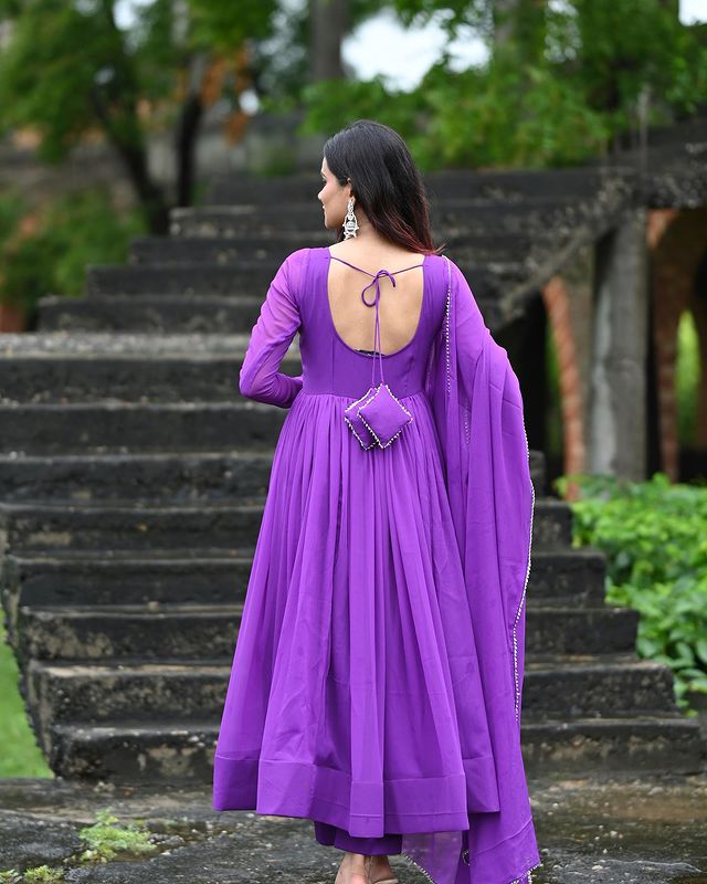 Purple Faux Georgette Plain Gown With Dupatta