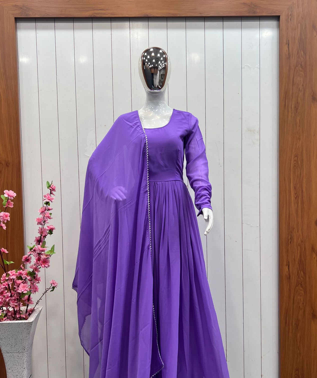 Purple Faux Georgette Plain Gown With Dupatta