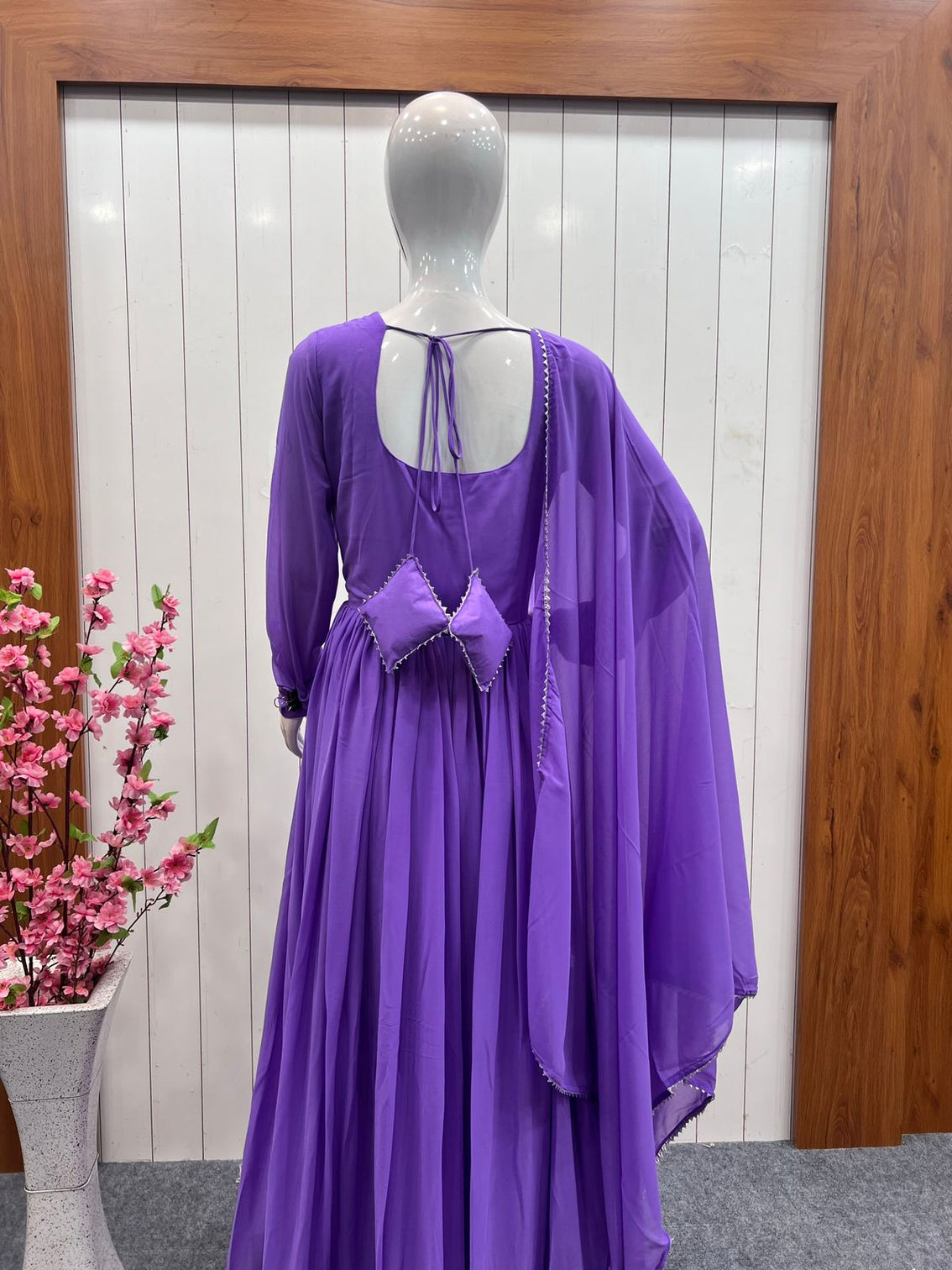 Purple Faux Georgette Plain Gown With Dupatta