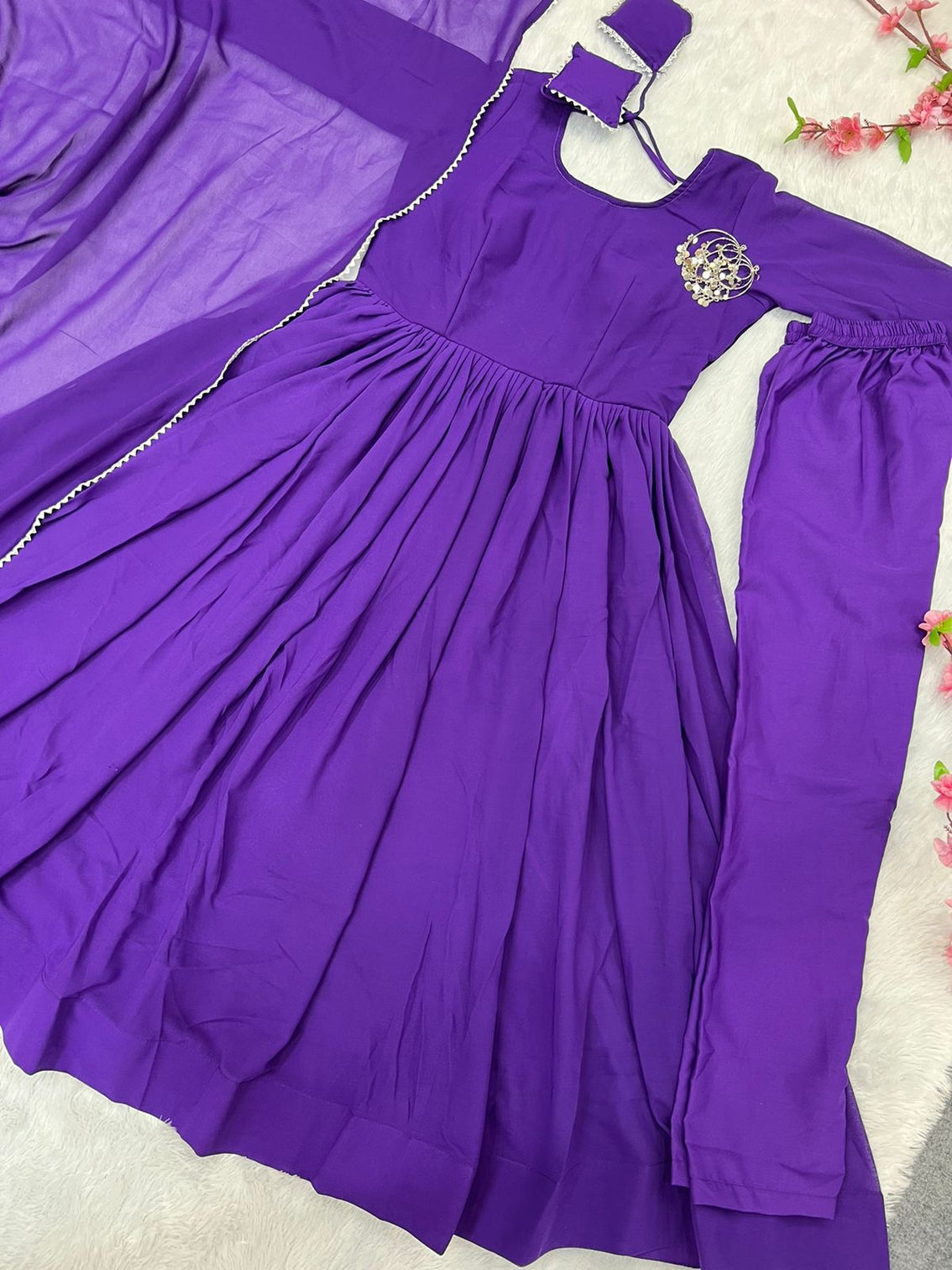 Purple Faux Georgette Plain Gown With Dupatta