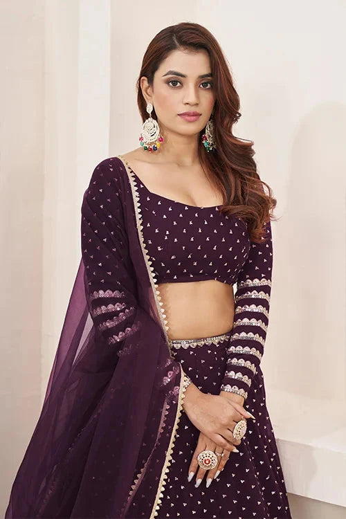 Purple Georgette Zari Sequins Embroidered Work Lehenga Choli