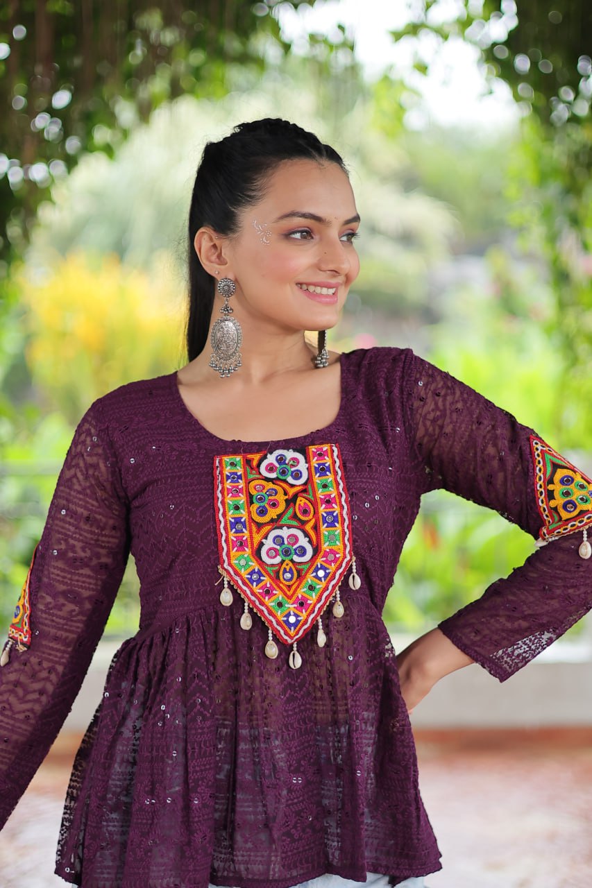 Navratri Special Georgette Schiffli Peplum Top with Kutchi Gamthi Patch Work