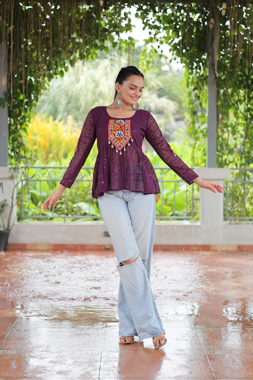 Navratri Special Georgette Schiffli Peplum Top with Kutchi Gamthi Patch Work