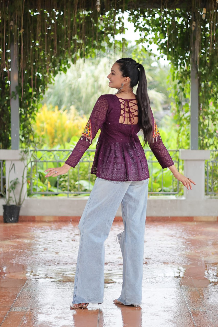 Navratri Special Georgette Schiffli Peplum Top with Kutchi Gamthi Patch Work
