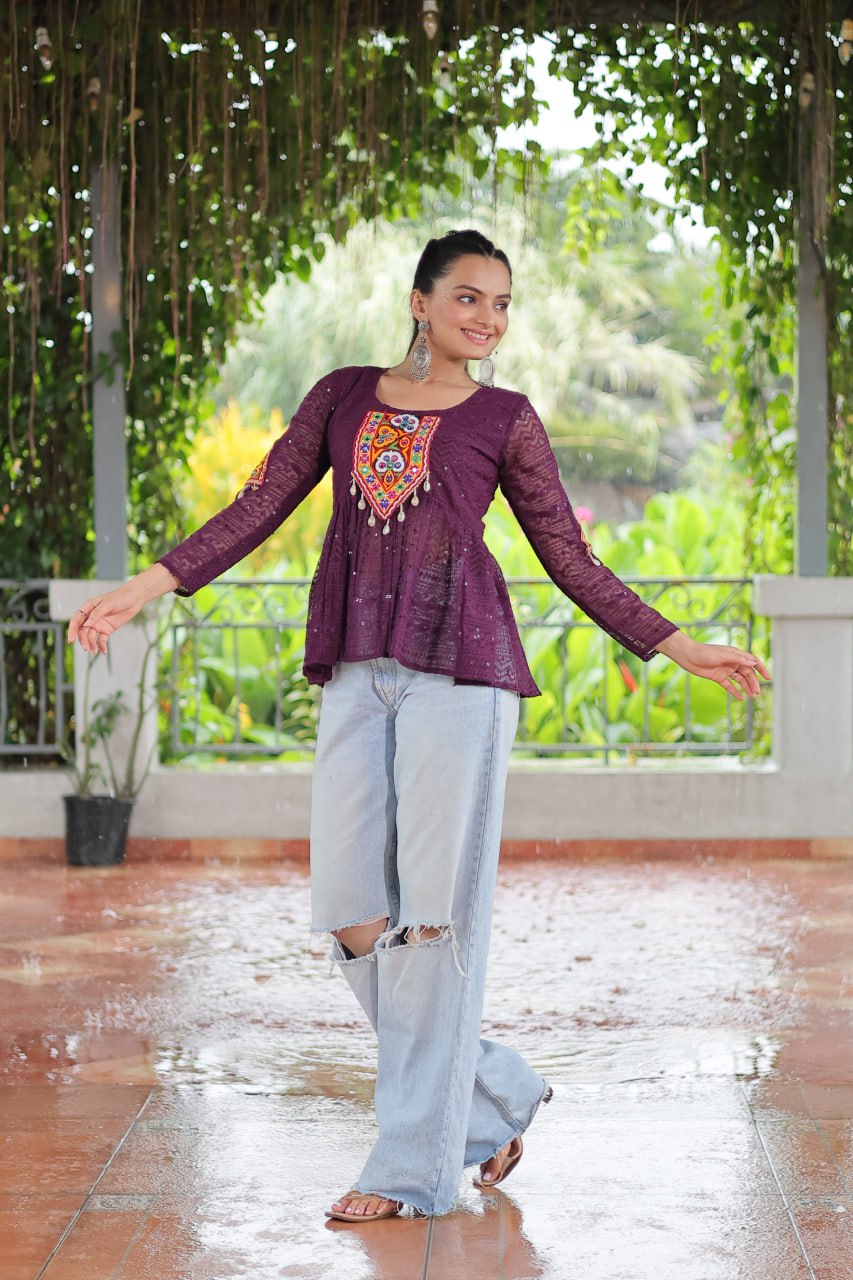 Navratri Special Georgette Schiffli Peplum Top with Kutchi Gamthi Patch Work
