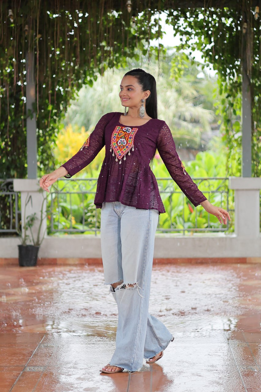 Navratri Special Georgette Schiffli Peplum Top with Kutchi Gamthi Patch Work