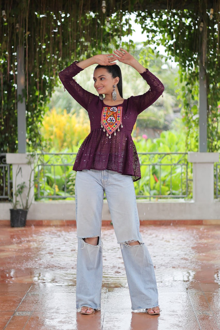 Navratri Special Georgette Schiffli Peplum Top with Kutchi Gamthi Patch Work