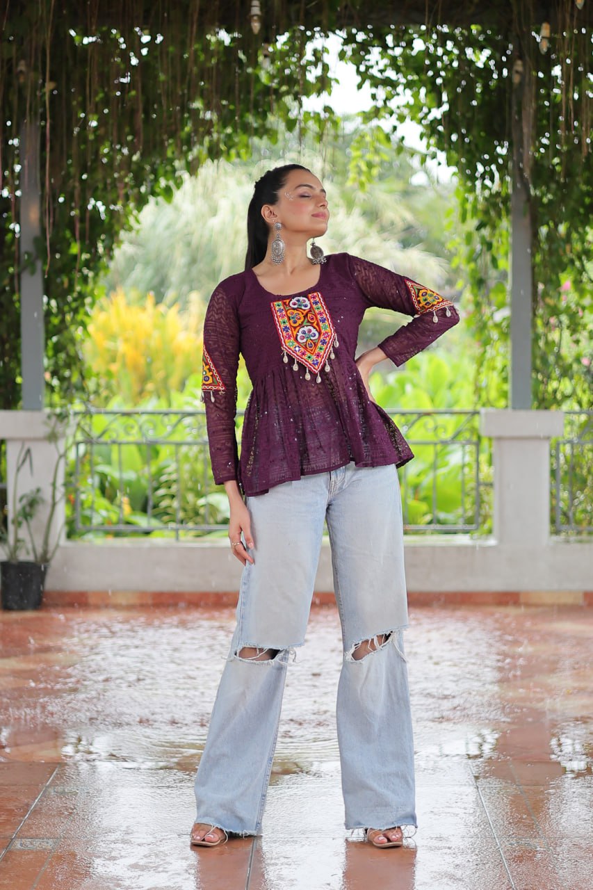 Navratri Special Georgette Schiffli Peplum Top with Kutchi Gamthi Patch Work