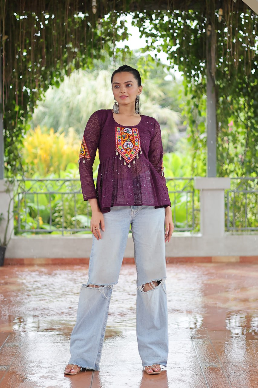 Navratri Special Georgette Schiffli Peplum Top with Kutchi Gamthi Patch Work