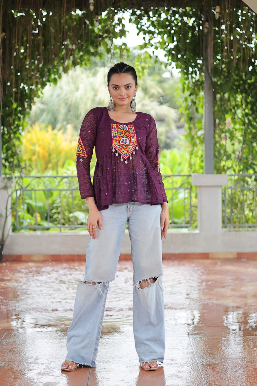 Navratri Special Georgette Schiffli Peplum Top with Kutchi Gamthi Patch Work