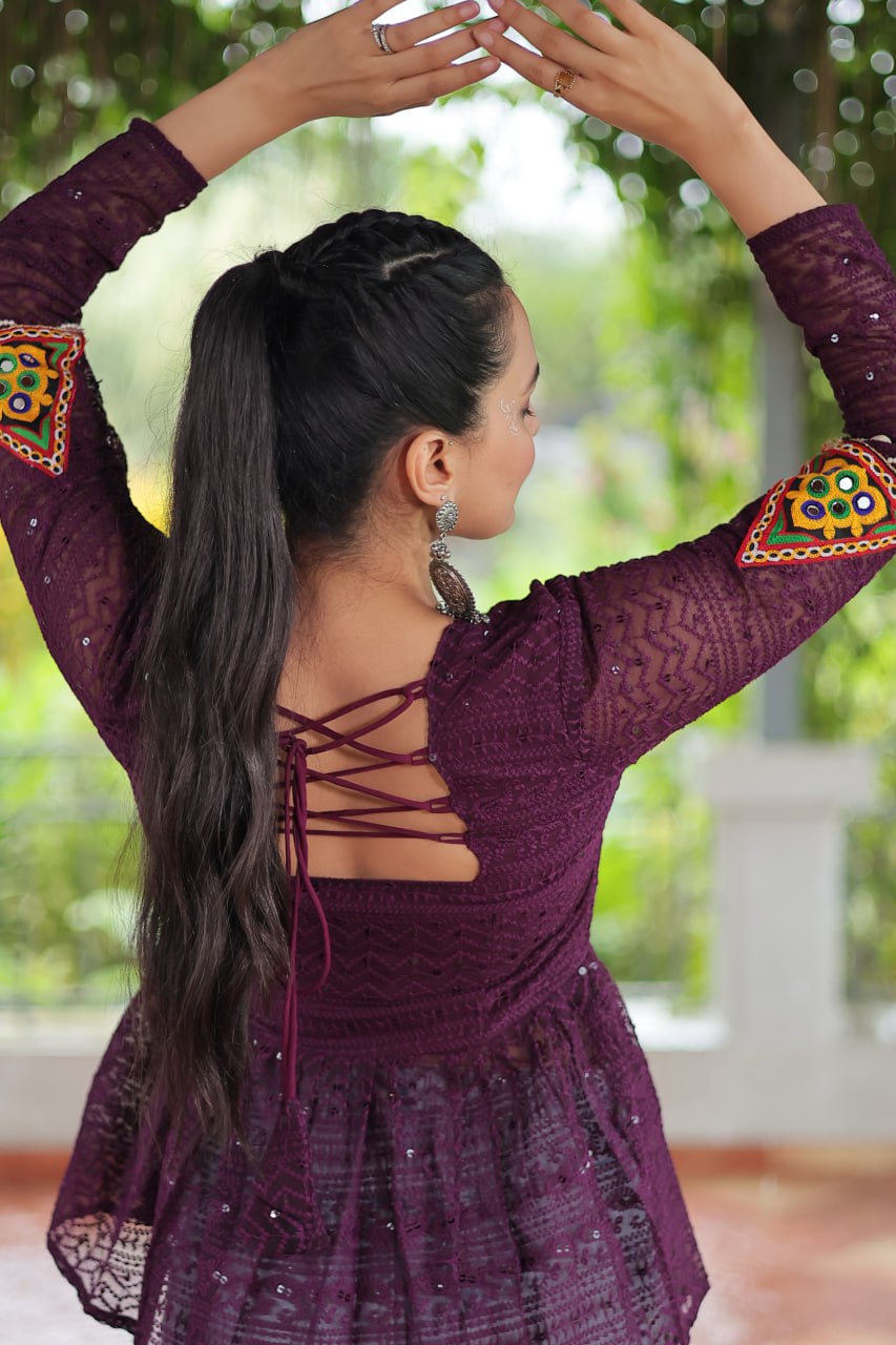 Navratri Special Georgette Schiffli Peplum Top with Kutchi Gamthi Patch Work