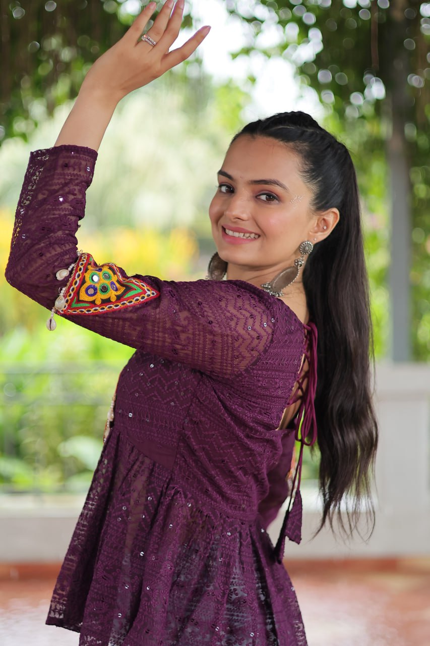Navratri Special Georgette Schiffli Peplum Top with Kutchi Gamthi Patch Work