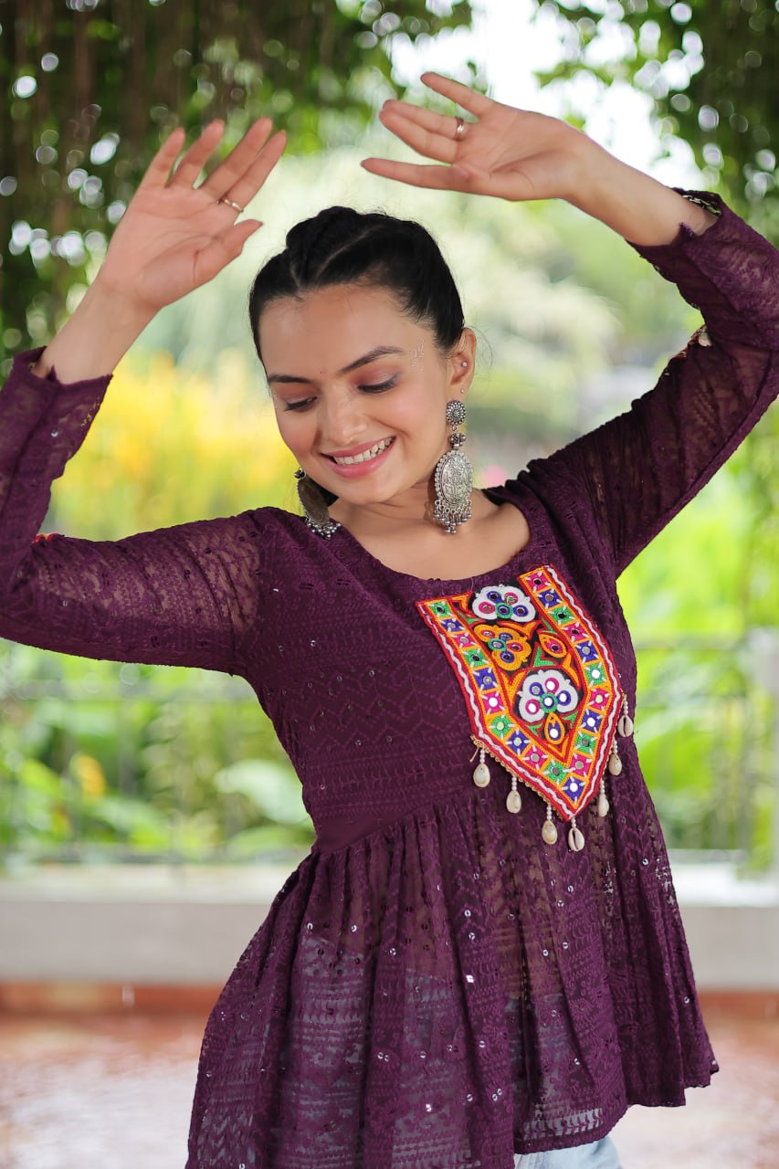 Navratri Special Georgette Schiffli Peplum Top with Kutchi Gamthi Patch Work