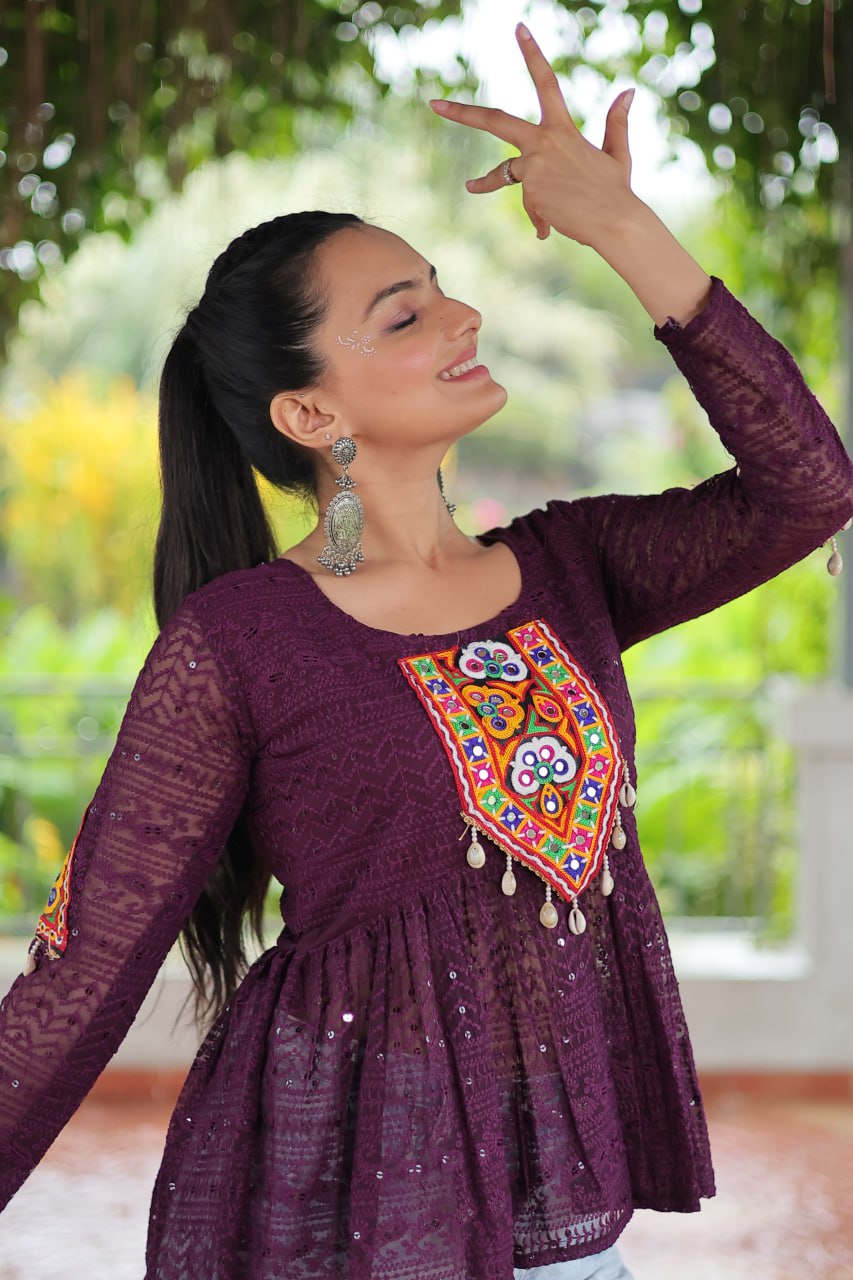 Navratri Special Georgette Schiffli Peplum Top with Kutchi Gamthi Patch Work