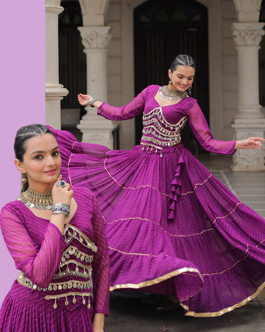 Purple Navratri Special Leheriya Print Lehenga Choli with 12 Mtr Flair & Mirror Lace Work