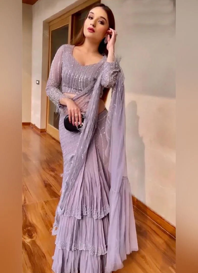 Purple Ruffle Saree in Georgette For Women