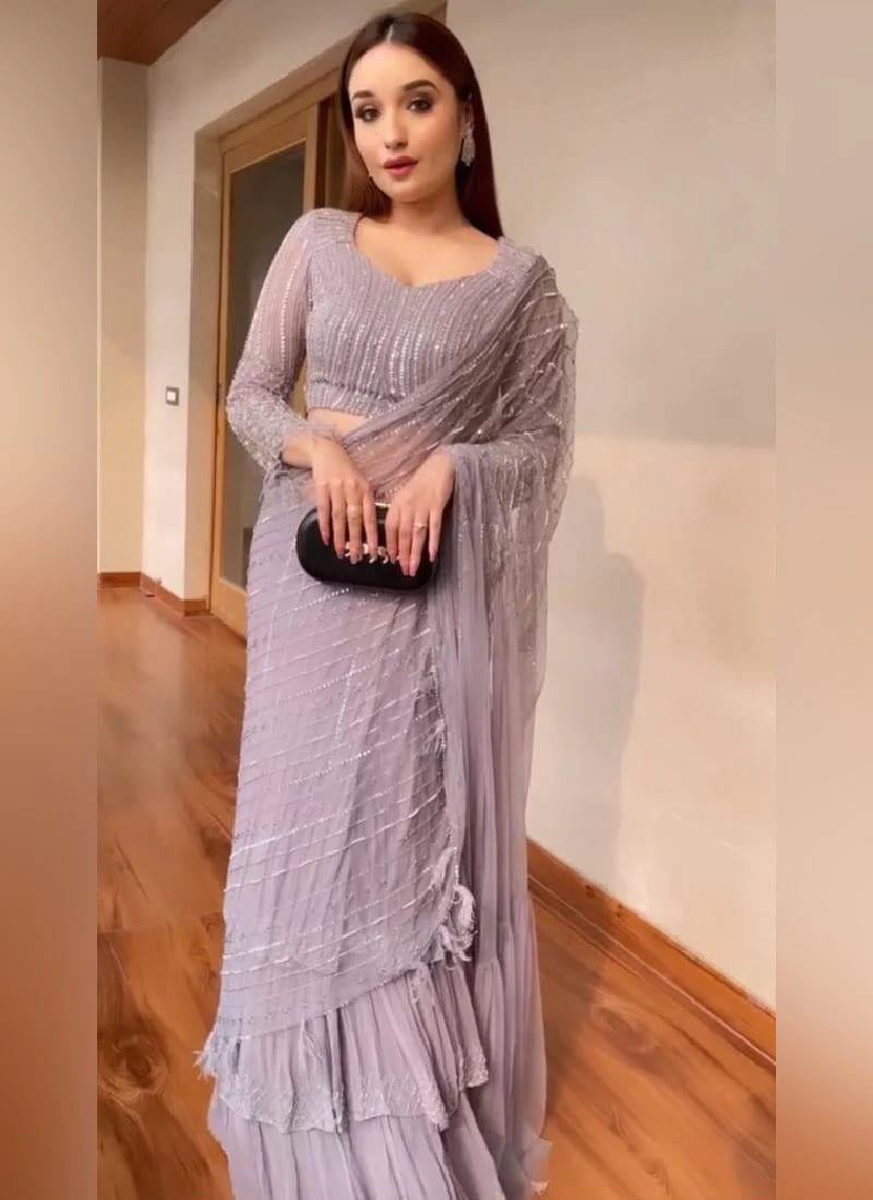 Purple Ruffle Saree in Georgette For Women