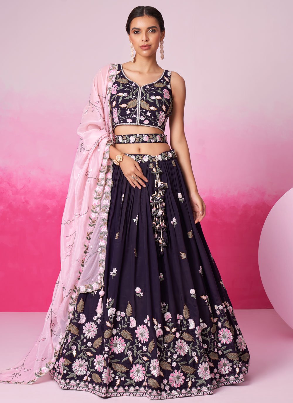 Purple satin sangeet lehenga with sequins work