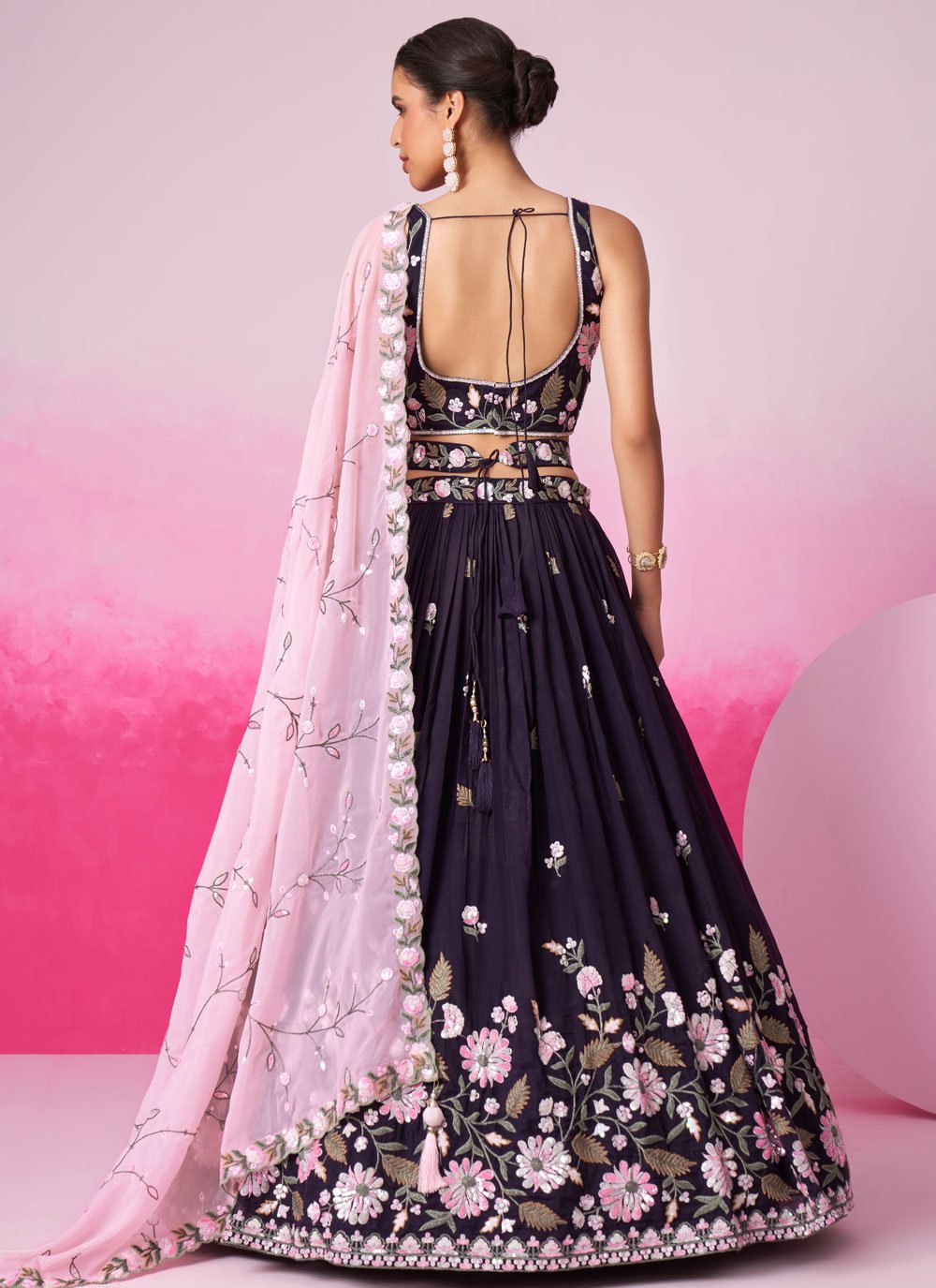 Purple satin sangeet lehenga with sequins work