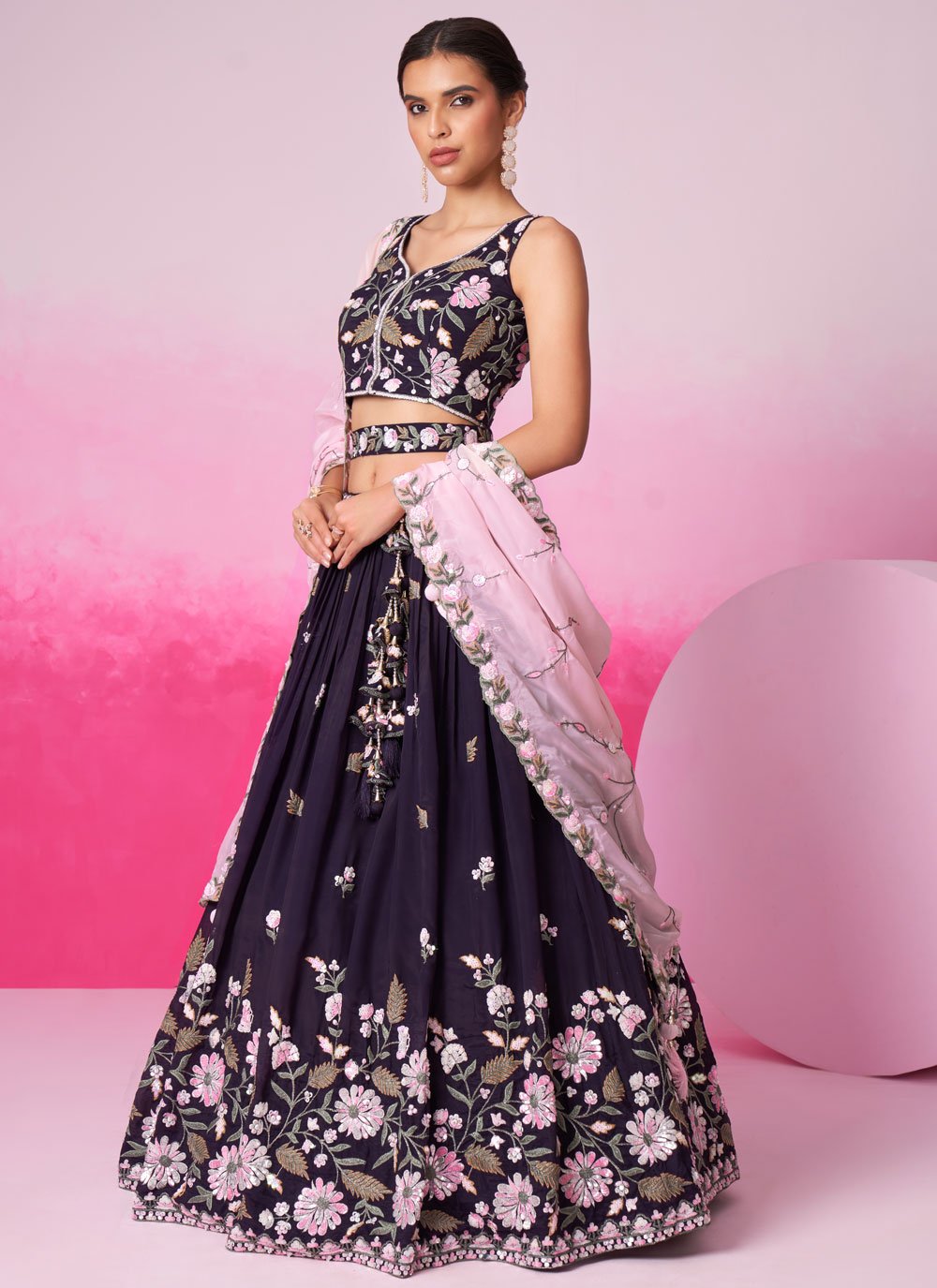 Purple satin sangeet lehenga with sequins work