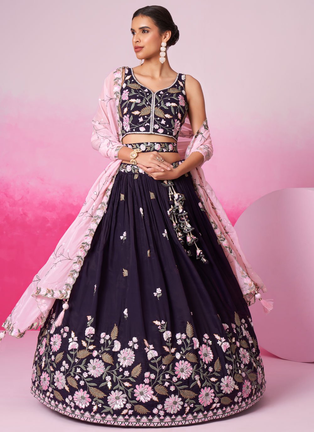 Purple satin sangeet lehenga with sequins work