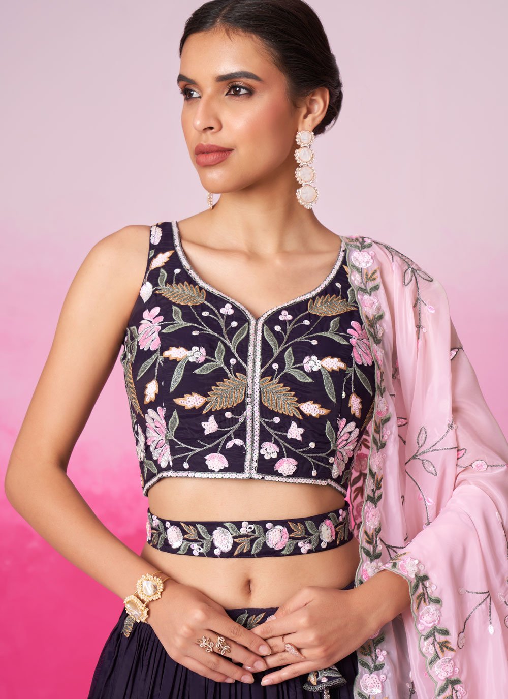 Purple satin sangeet lehenga with sequins work