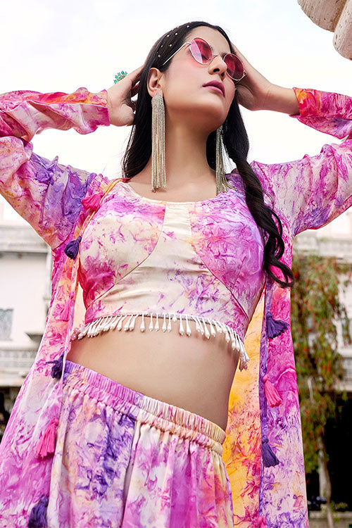 Purple Silk Print Work Three Piece Co-Ord Set