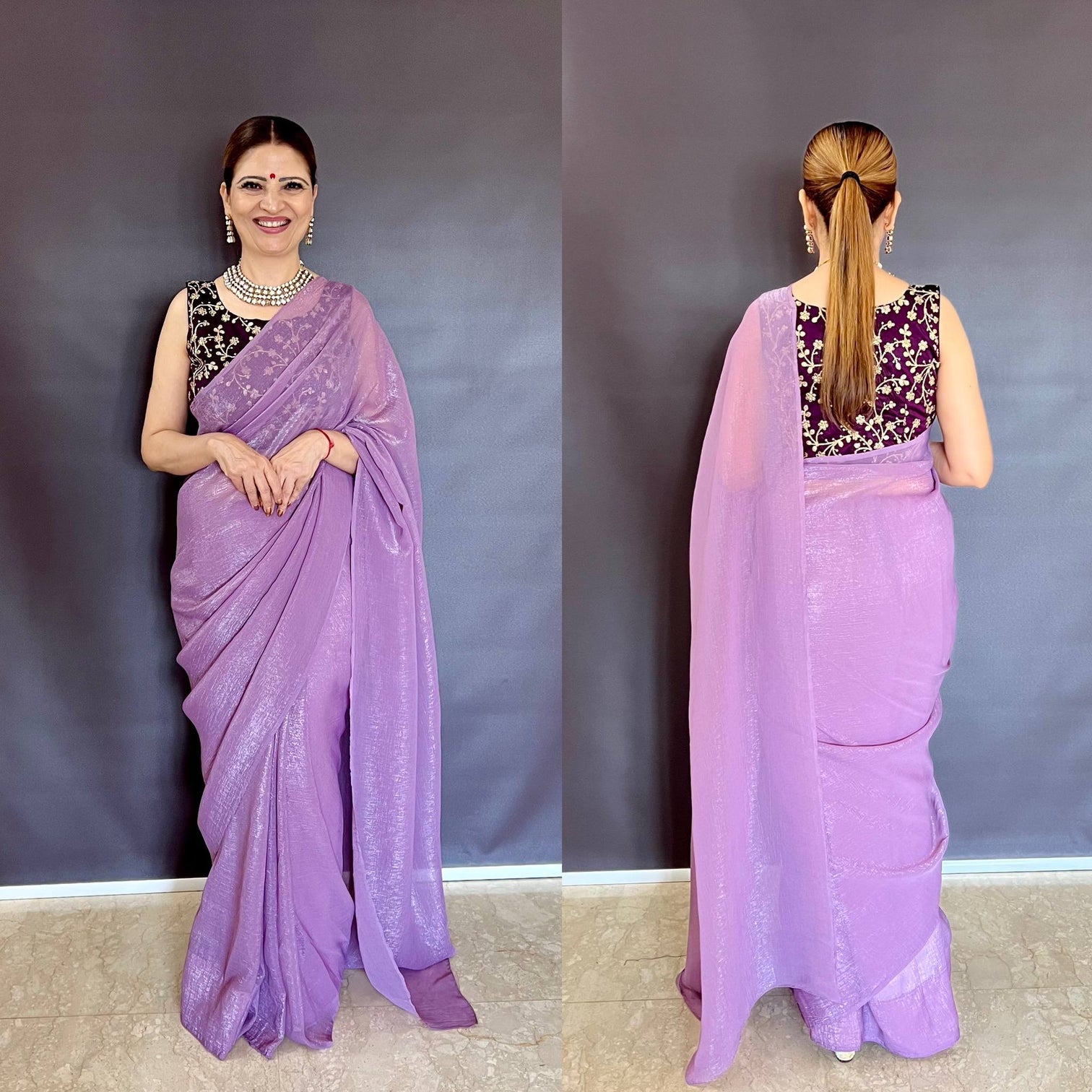Purple Sleeveless Charm, Jacketed Grace – Sparkle Silk Saree Set with Kasturi Silk Blouse & Koti