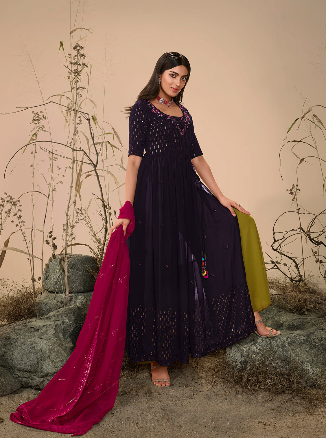 Purple Georgette Embroidered Work Kurta Palazzo Dupatta Set