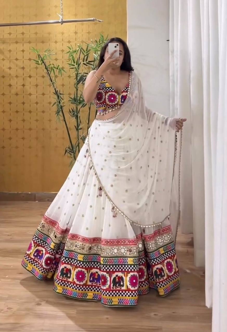White Designer Faux Georgette Lehenga Choli Set with Real Mirror & Chain Stitch Work