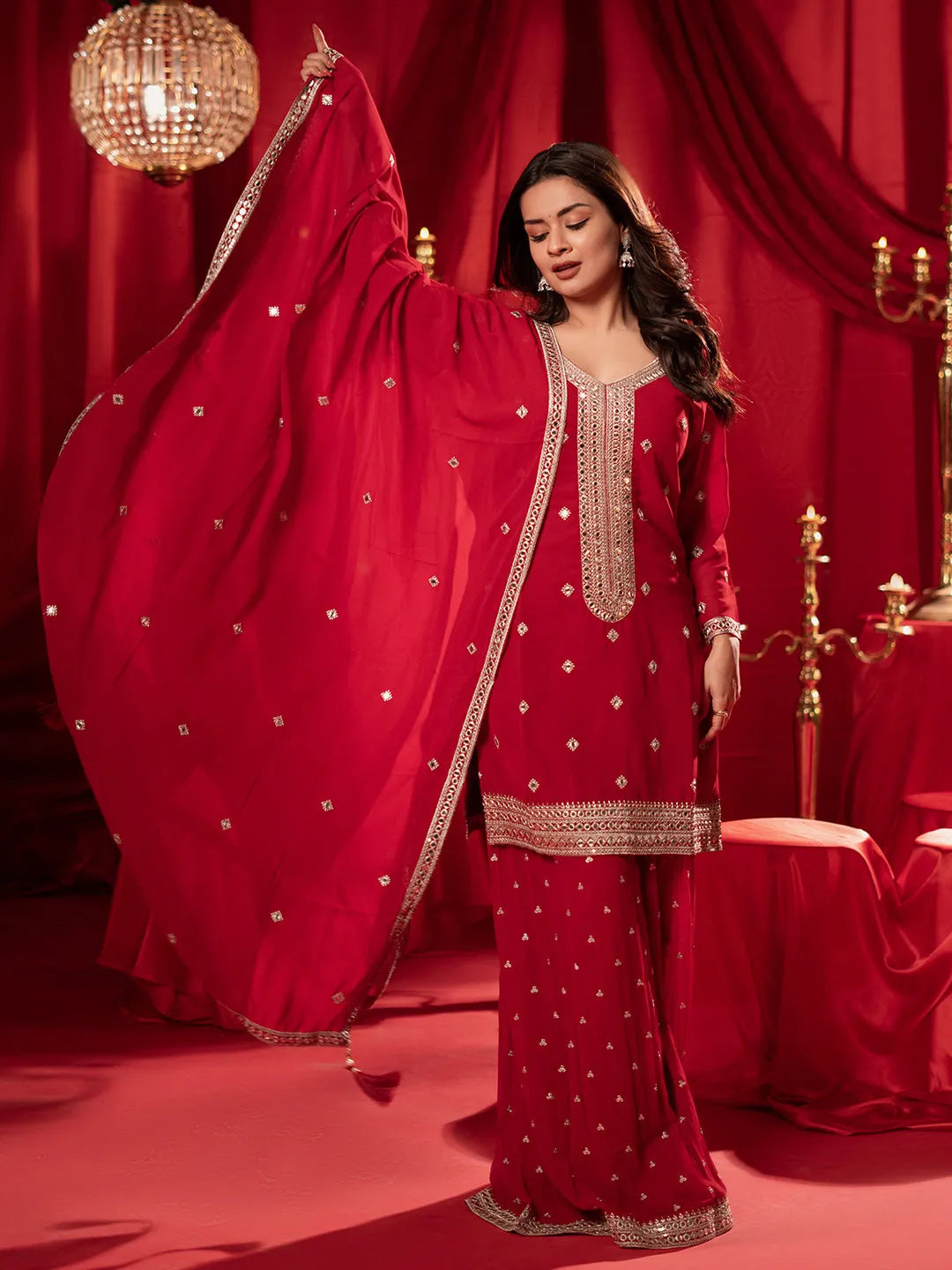 Mameraa Surkh Red Embroidered Georgette Straight Suit With Dupatta