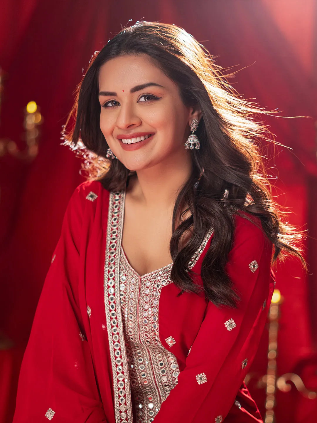 Mameraa Surkh Red Embroidered Georgette Straight Suit With Dupatta