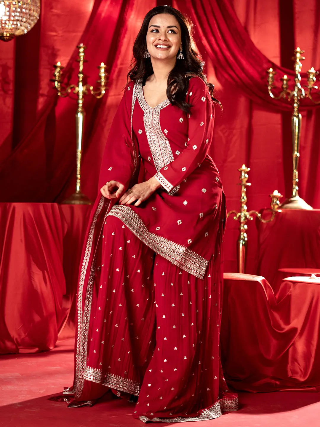 Mameraa Surkh Red Embroidered Georgette Straight Suit With Dupatta
