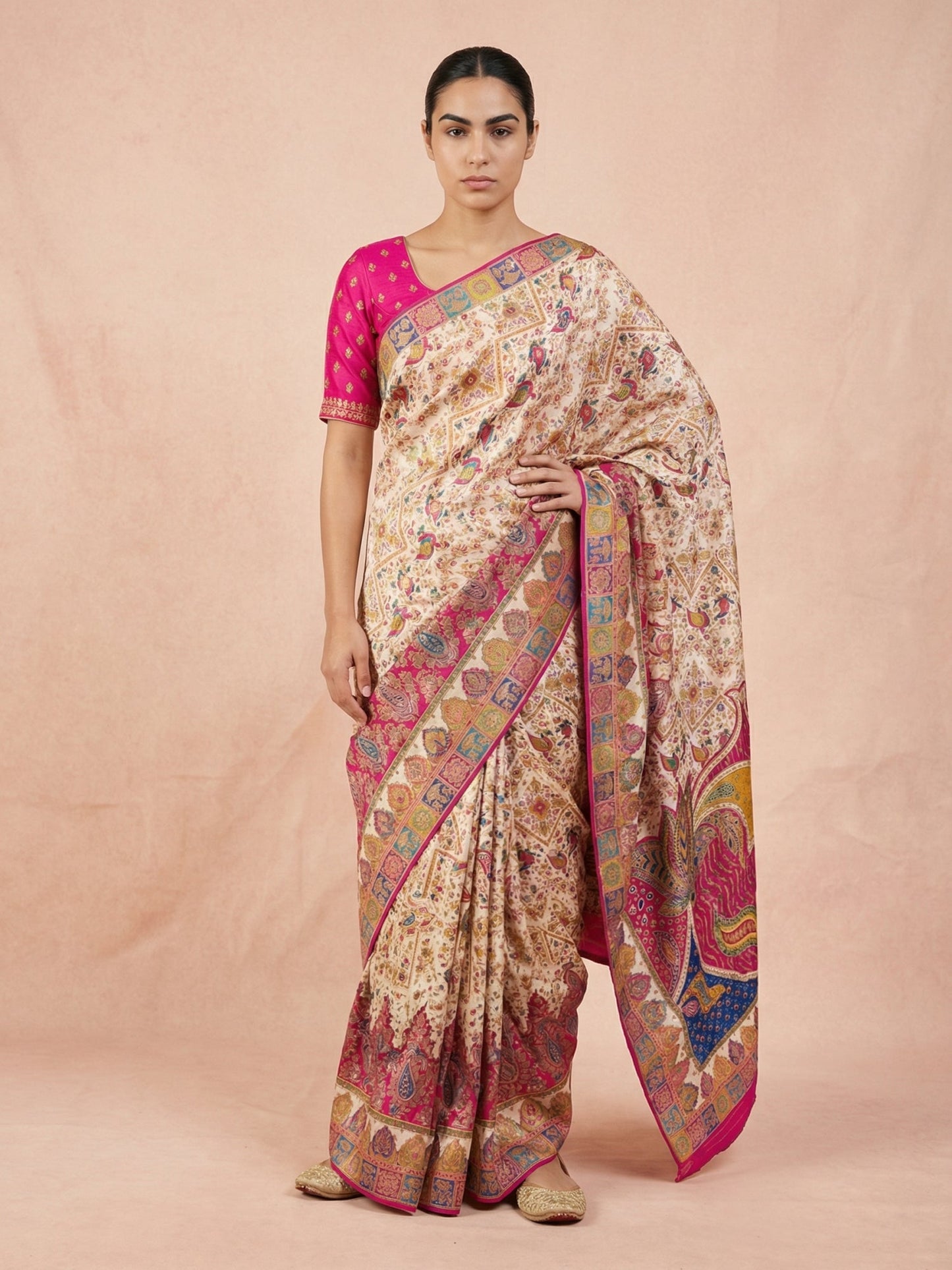 Cream Pure Viscose Silk Meenakari Zari Woven Saree with Traditional Pallu and Brocade Blouse