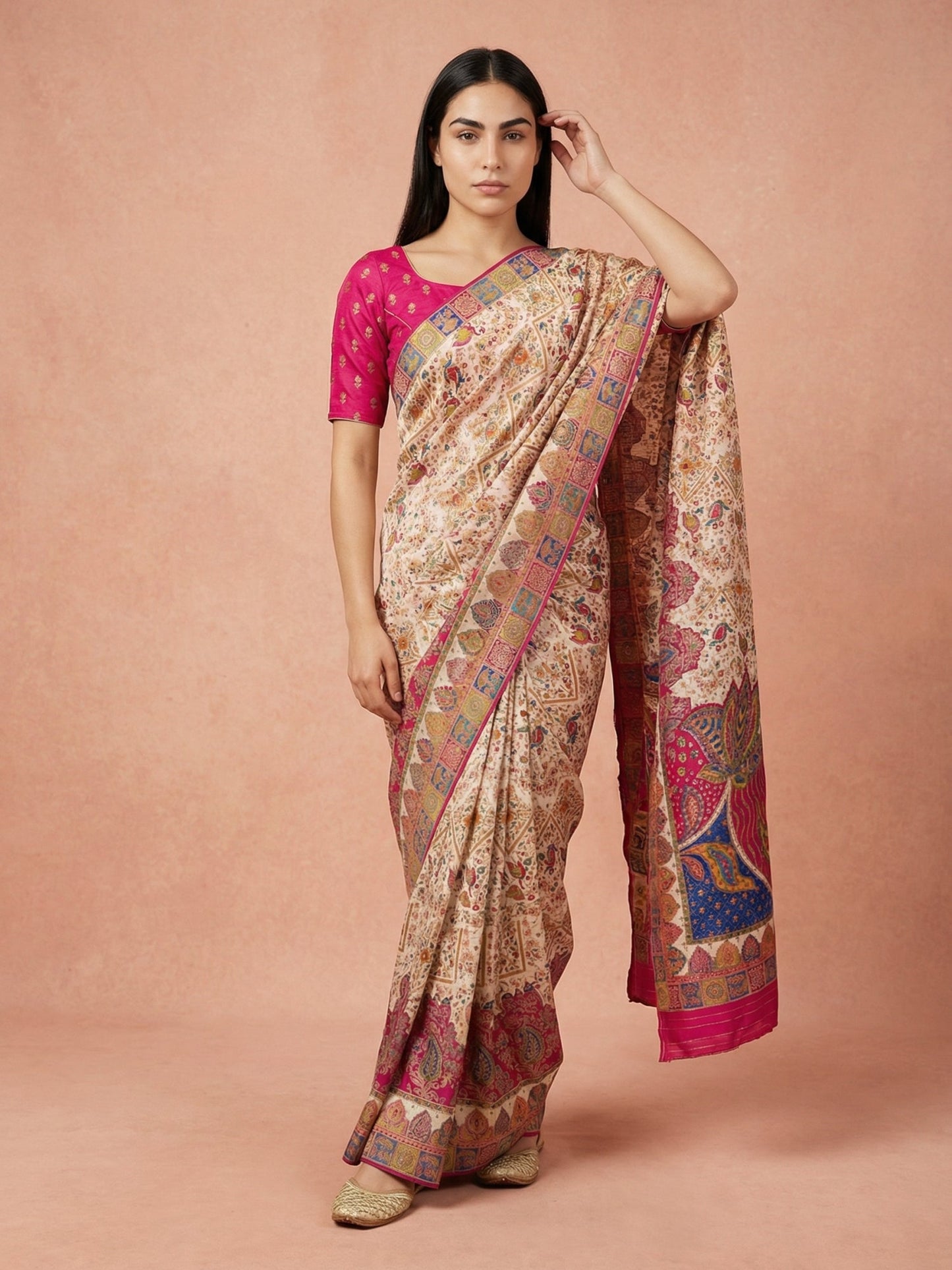 Cream Pure Viscose Silk Meenakari Zari Woven Saree with Traditional Pallu and Brocade Blouse