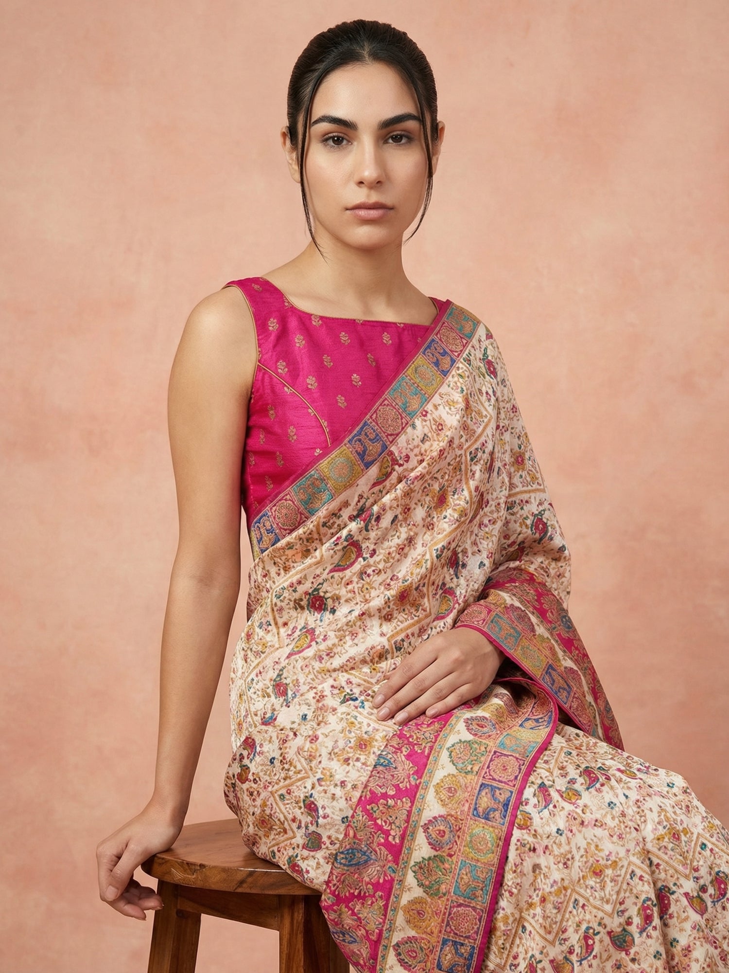 Cream Pure Viscose Silk Meenakari Zari Woven Saree with Traditional Pallu and Brocade Blouse