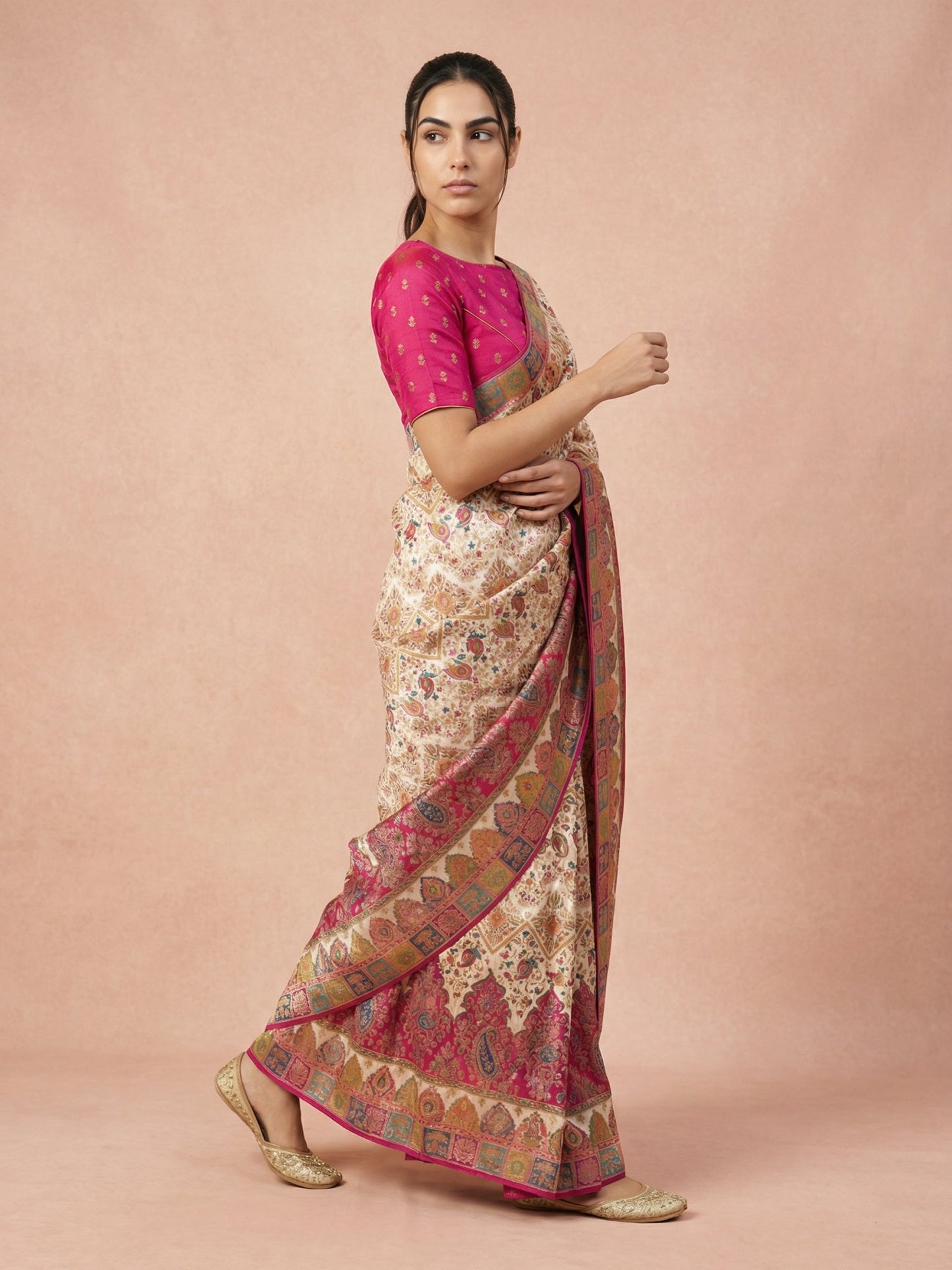 Cream Pure Viscose Silk Meenakari Zari Woven Saree with Traditional Pallu and Brocade Blouse
