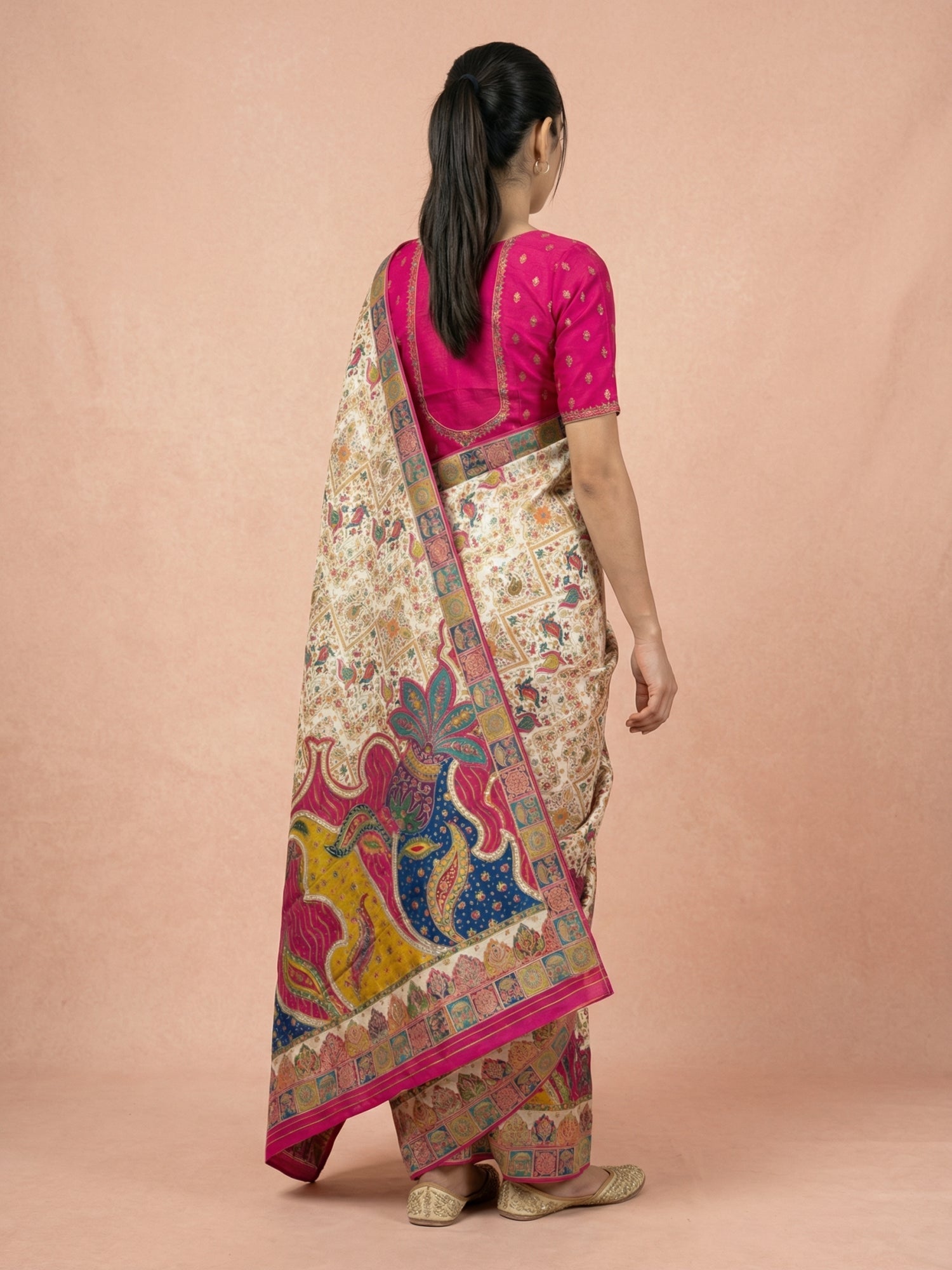 Cream Pure Viscose Silk Meenakari Zari Woven Saree with Traditional Pallu and Brocade Blouse