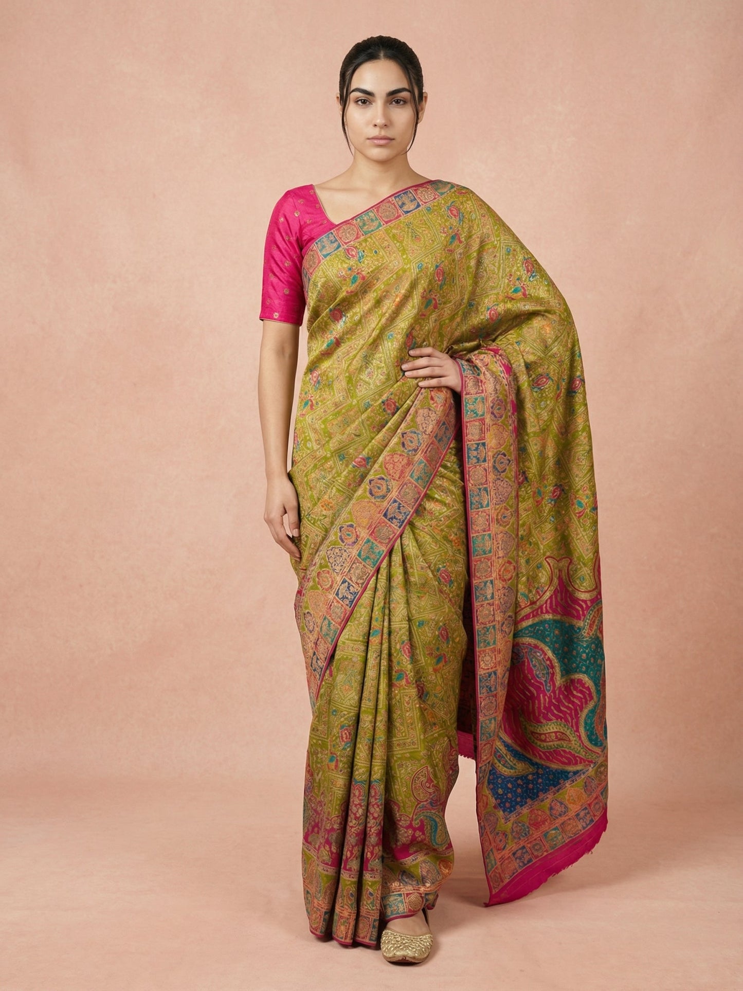 Mehendi Pure Viscose Silk Meenakari Zari Woven Saree with Traditional Pallu and Brocade Blouse