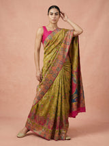 Mehendi Pure Viscose Silk Meenakari Zari Woven Saree with Traditional Pallu and Brocade Blouse