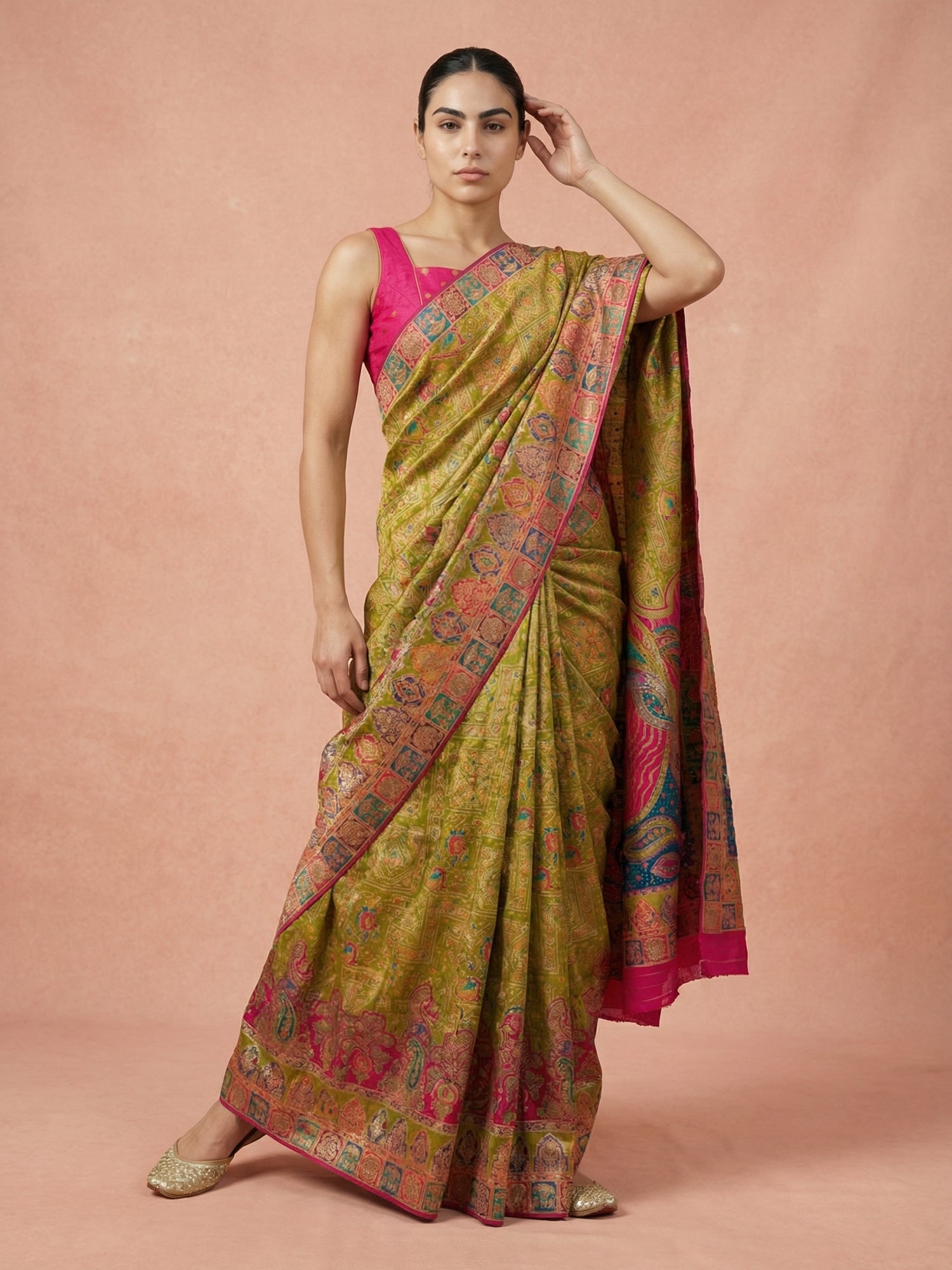 Mehendi Pure Viscose Silk Meenakari Zari Woven Saree with Traditional Pallu and Brocade Blouse