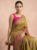 Mehendi Pure Viscose Silk Meenakari Zari Woven Saree with Traditional Pallu and Brocade Blouse