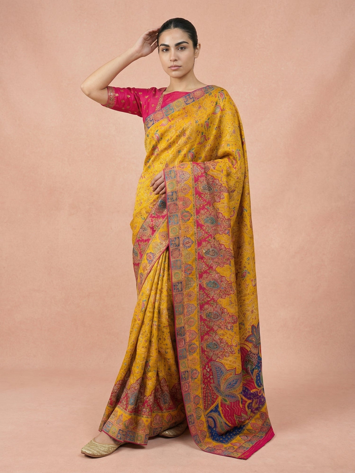 Yellow haldi function pure viscose silk saree with meenakari weaving