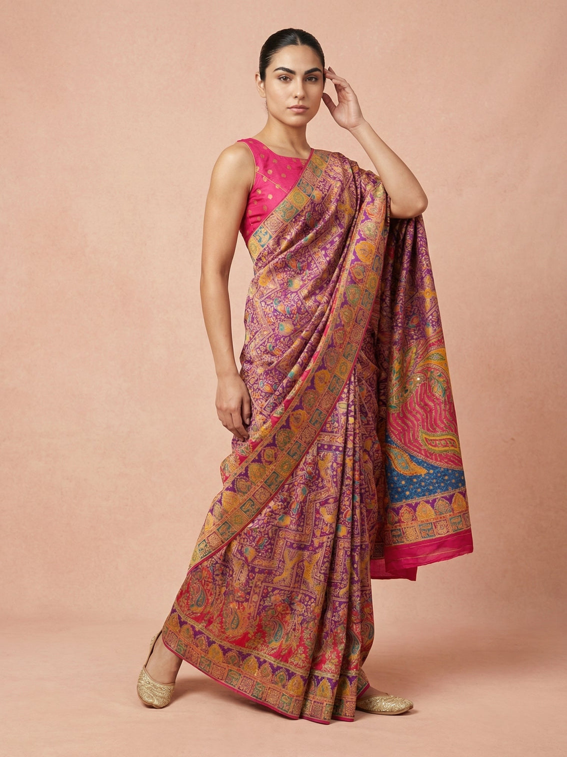Purple designer pure viscose silk saree with meenakari border