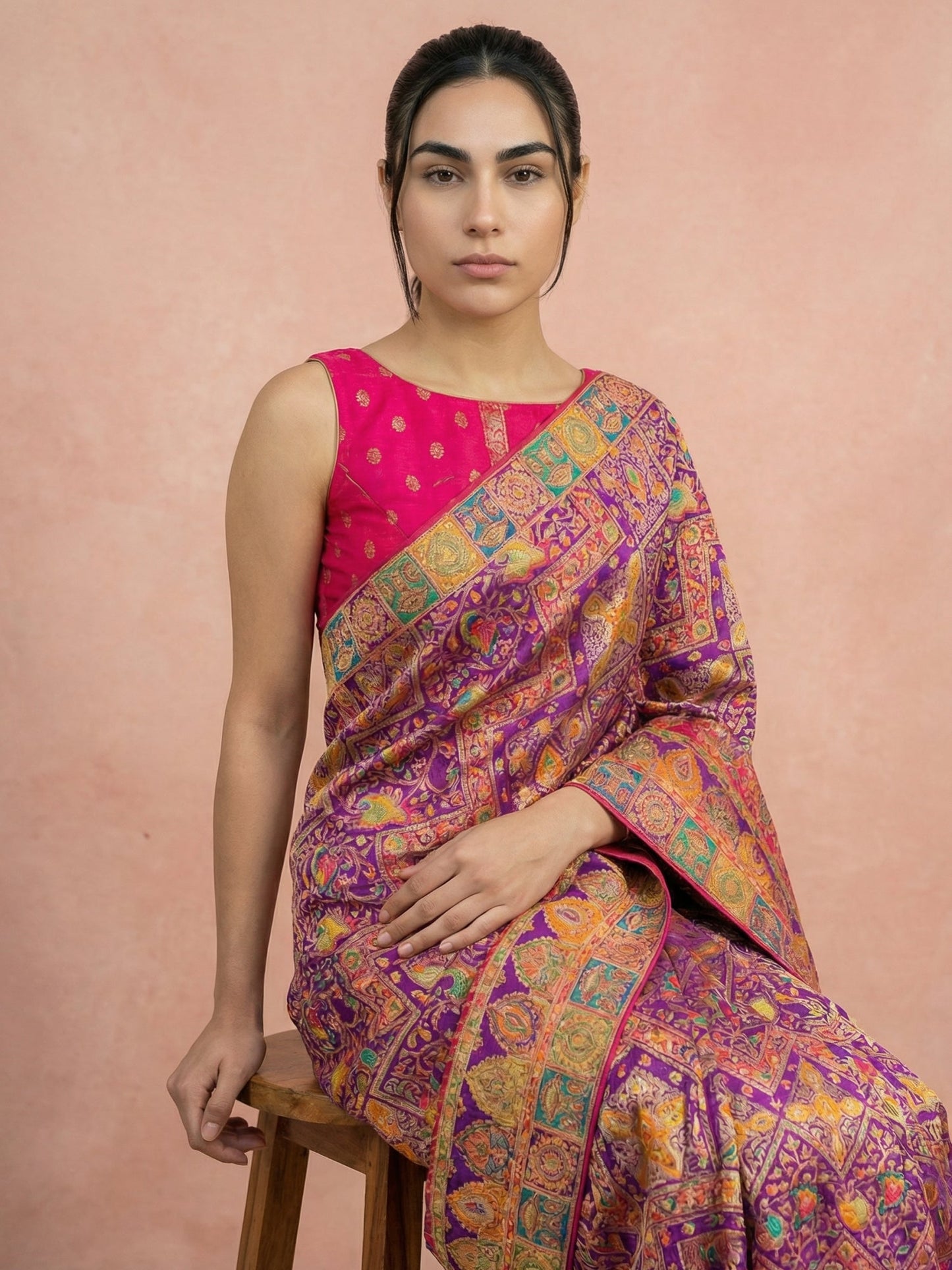 Purple Pure Viscose Silk Meenakari Zari Woven Saree with Traditional Pallu and Brocade Blouse