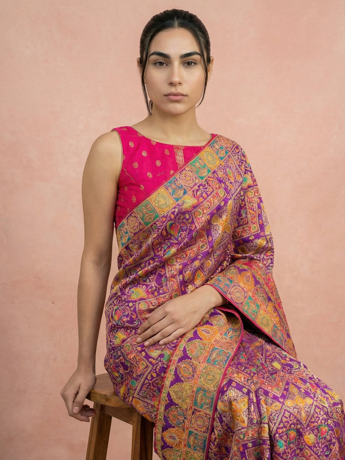 Purple designer pure viscose silk saree with meenakari border