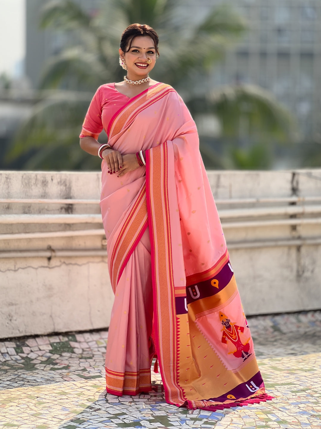 Top Trending Vitthala Contrast Paithani Saree Rakhumai Soft Silk Traditional Design