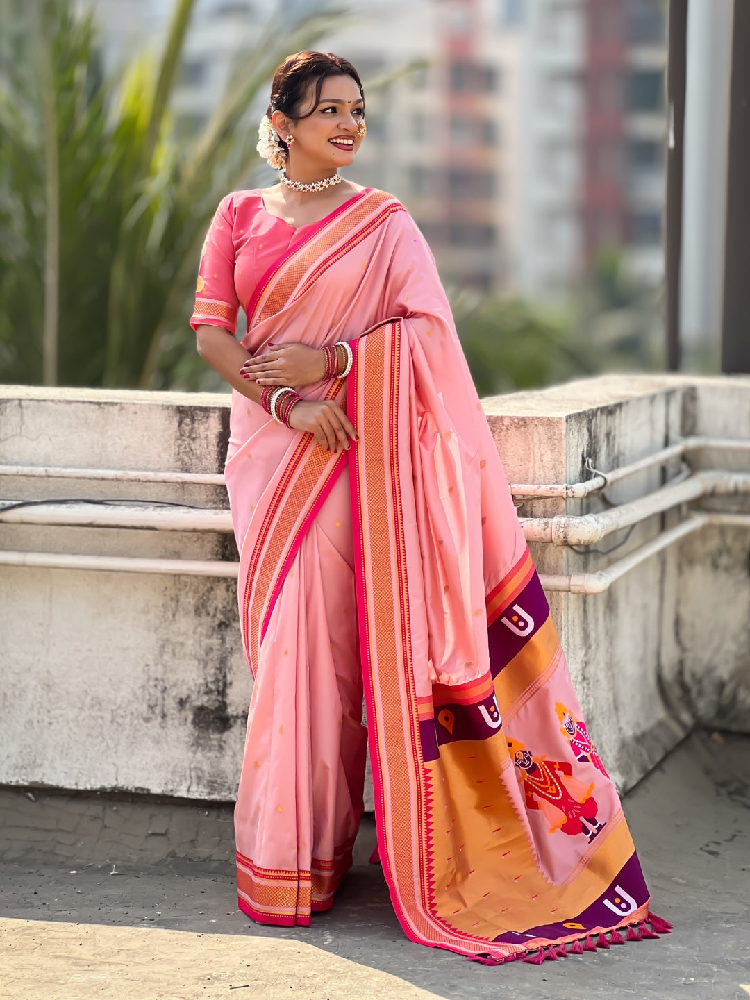 Top Trending Vitthala Contrast Paithani Saree Rakhumai Soft Silk Traditional Design